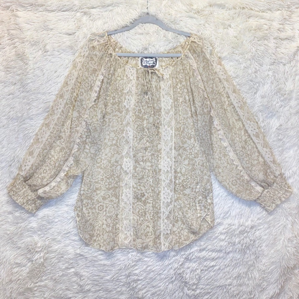 Scrapbook Originals Tan Floral Lace Peasant Blouse Button Back Medium Boho Sheer